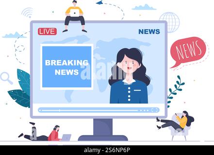Breaking News reporter arrière-plan illustration vectorielle avec le diffuseur ou le journaliste sur le moniteur à propos de l'information incident, des activités, de la météo et des annonces Illustration de Vecteur