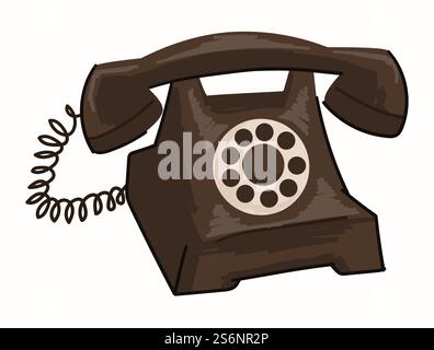 Téléphone rétro à l'ancienne avec système de rotation des numéros et de composition. Téléphone avec câble et fil, télécommunication et boutons obsolètes. Connexion électronique de cellule vintage. Vecteur dans le style plat. Téléphone vintage avec système rotatif et numéros Illustration de Vecteur