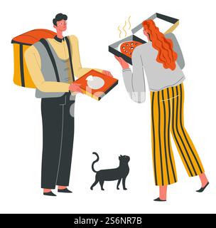 Livreur apportant pizza chaude au client, femme sentant savoureux plat de cuisine italienne. Personnage féminin avec repas en boîte, plats à emporter. Dame avec chat domestique, vecteur dans le style plat. Livraison de pizza pour le client, livreur donnant de la nourriture Illustration de Vecteur