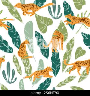 Faune et flore, motif sans couture de guépard ou de léopard avec fourrure tachetée. Animal courant et assis, prédateur de chasse, carnivore dans un état calme. Jungle sauvage. Vecteur dans le style plat. Léopard ou guépard caché dans des feuilles de monstera luxuriantes Illustration de Vecteur