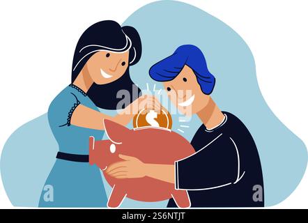 Personnage masculin et féminin économisant de l'argent pour l'avenir. Homme et femme, jeune couple ou famille mettant des pièces dans la tirelire. Budget et comptabilité, bénéfice et croissance des revenus. Vecteur dans le style plat. Jeune couple économisant de l'argent dans la tirelire pour l'avenir Illustration de Vecteur