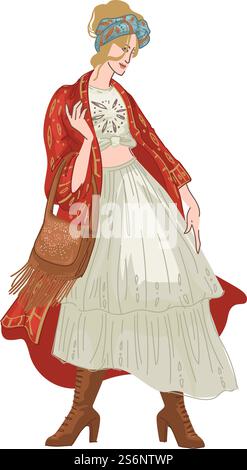 Personnage féminin portant des vêtements bohème ou hippie, femme isolée en jupe longue, chemise et sac à franges. Vêtements romantiques de fille, look vintage à la mode et élégant de dame. Vecteur dans le style plat. Shabby chic ou style de vêtements bohème de femme Illustration de Vecteur