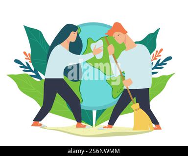 L'effondrement de la pollution de l'environnement, organisation bénévole aidant la planète à se rétablir. Homme et femme essuyant et balayant. Des gens respectueux de l'environnement protégeant les ressources naturelles. Vecteur dans le style plat. Prendre soin de l'environnement et nettoyer le vecteur de planète Illustration de Vecteur