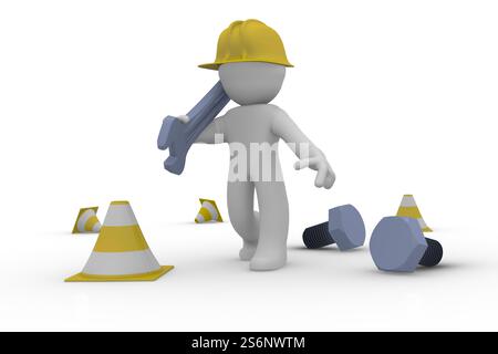 Travailleur de la construction à l'aide d'une clé, le concept de service rendu 3D Banque D'Images