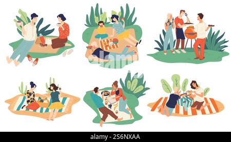 Familles et couples en pique-nique, amis réunis pour manger et boire sur la nature. Les gens passant les week-ends entourés de forêts et de parcs. Vacances et repos à l'extérieur. Vecteur dans le style plat. Pique-nique le week-end, repas en famille et en couple Illustration de Vecteur