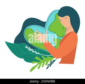 Personnage féminin embrassant la planète terre en forme de coeur avec des océans et des terres. Femme soucieuse de l'environnement et de l'écologie, du feuillage décoratif et de la conservation de la protection des feuilles luxuriantes. Vecteur dans le style plat. Prendre soin de la planète, femme embrassant la terre en forme de coeur Illustration de Vecteur