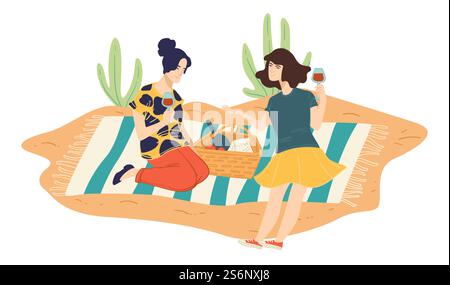 Les femmes se sont rassemblées en pique-nique en buvant du vin et en mangeant des fruits. Amis se réunissant, dames assises sur une couverture entourée par la nature et communiquant. Les filles discutent des nouvelles et des événements. Vecteur dans le style plat. Amies féminines en pique-nique dans le parc buvant du vin Illustration de Vecteur