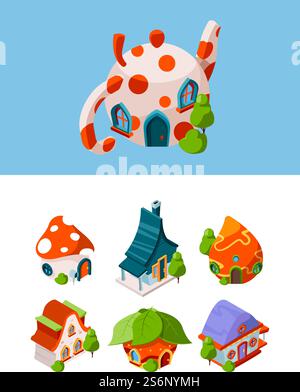 Bâtiments isométriques fantastiques. Conte de fées construction médiévale cottage jeux vectoriels objets isolés. Illustration 3d conte de fées isométrique, maison champignon, maison fabuleuse médiévale. Bâtiments isométriques fantastiques. Conte de fées construction médiévale cottage jeux vectoriels objets isolés Illustration de Vecteur