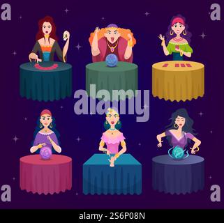 Diseurs de bonne fortune. Sorcières magiciennes avec des boules magiques de cristal de conte de fées personnages vectoriels exacts. Illustration sorcière et moyen spirituel, mystérieux paranormal. Diseurs de bonne fortune. Sorcières magiciennes avec des boules magiques de cristal de conte de fées personnages vectoriels exacts Illustration de Vecteur