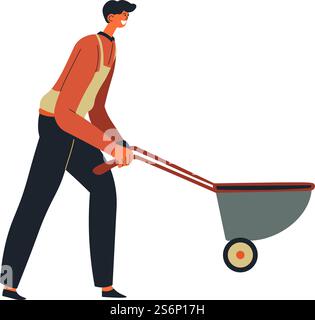 Personnage masculin travaillant sur le chantier de construction poussant la vieille brouette chargée de matériaux de construction pour la réparation et la rénovation. Ouvrier entrepreneur transportant du béton lourd. Vecteur dans le style plat. Ouvrier poussant la brouette sur le chantier de construction Illustration de Vecteur