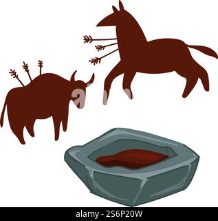 Art ancien, peinture rupestre des temps et des âges préhistoriques. Buffles isolés ou animaux avec des flèches, scènes de chasse. Représentation primitive de la vie quotidienne des hommes des cavernes. Vecteur dans le style plat. Peinture rupestre de bison avec des flèches, art ancien Illustration de Vecteur