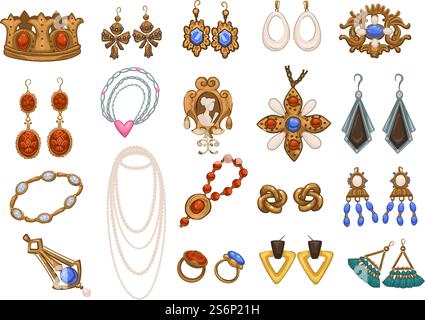 Accessoires et bijoux rétro et vintage pour dames, boucles d'oreilles isolées et collier, broches et bracelets, pendentifs et breloques. Trésors d'or et d'argent pour les nobles personnes. Vecteur dans le style plat. Bijoux et accessoires vintage et rétro dames Illustration de Vecteur