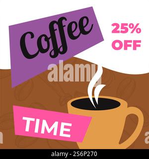 Réductions et ventes dans un café ou un restaurant, café-restaurant faisant 25 % de réduction sur le prix des boissons chaudes et aromatiques. Cappuccino ou latte, expresso ou americano servi avec du lait. Vecteur dans le style plat. Tasse de café 25 % de réduction au café ou au restaurant Illustration de Vecteur