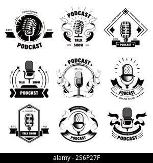 Talk shows et podcasts stations étiquettes et emblème avec microphones rétro et inscriptions. Autocollants isolés pour stations et chaînes de diffusion. Streaming en ligne et Internet. Vecteur en plat. Podcasts et stations de radio avec étiquettes Talk shows Illustration de Vecteur