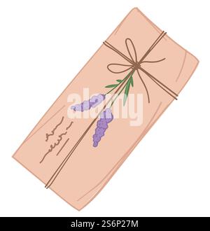 Enveloppe rétro avec branche décorative de fleur et fil. Lettre vintage isolée, cadeau avec écritures et brindilles de bouquet. Carte postale faite à la main ou invitation sur événement spécial. Vecteur dans le style plat. Lettre décorative avec branche florale lavande Illustration de Vecteur