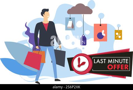 Réductions et ventes dans la boutique et le magasin, homme avec des sacs se dépêchant d'acheter des produits à prix réduit. Offre de dernière minute pour les clients fidèles et les clients. Annonce d'autorisation. Vecteur dans le style plat. Offre de dernière minute, dépêchez-vous de magasiner et d'acheter en solde Illustration de Vecteur