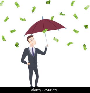 Pluie d'argent. Homme d'affaires avec parapluie sous chute d'argent comptant. Bénéfice d'investissement, illustration vectorielle d'affaires réussie. Homme d'affaires avec la pluie d'argent, la finance de succès avec le billet de banque vert. Pluie d'argent. Homme d'affaires avec parapluie sous chute d'argent comptant. Bénéfice d'investissement, illustration vectorielle d'affaires réussie Illustration de Vecteur