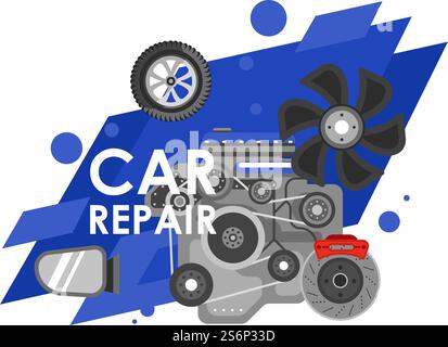 Réparation d'automobiles et de voitures, station avec des spécialistes aidant à maintenir et à résoudre les problèmes de transport. Assistance et soutien professionnels, diagnostics et analyses. Vecteur dans l'illustration de style plat. Réparation de voiture, entretien et centre de fixation pour l'auto Illustration de Vecteur