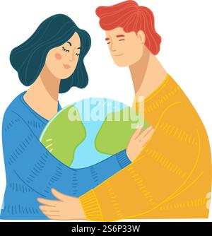 Les gens qui s'occupent et protègent la nature de la planète, l'homme et la femme tenant et embrassant le modèle de la terre. Homme et femme avec le globe dans les mains, la résolution des problèmes environnementaux mondiaux. Vecteur dans le style plat. Soin de l'environnement et protection du vecteur de la nature Illustration de Vecteur