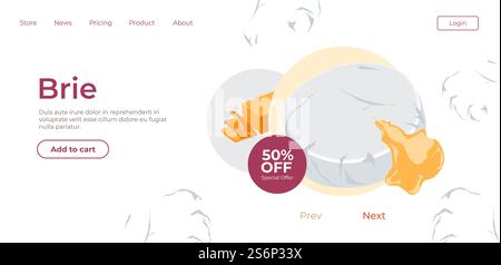 Boutique en ligne vendant du fromage brie et des produits laitiers charcuterie en vente. Réductions et promotions pour les clients, commande et achat de nourriture. Site Web ou modèle de page Web, vecteur plat de page de destination. Ingrédients gourmands au fromage Brie dans la boutique en ligne Illustration de Vecteur