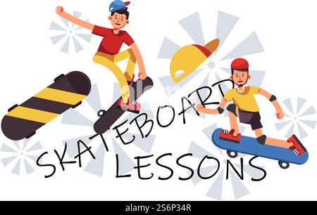 Leçons et classes apprenant à skateboard. Cours avec entraîneur spécialisé, adolescents et préadolescents passe-temps et activité sportive pour le développement et l'amélioration. Vecteur dans l'illustration de style plat. Leçons de skateboard pour les adolescents et les adultes vecteur Illustration de Vecteur