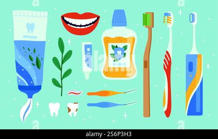 Accessoires de dentiste. Articles d'hygiène dentaire buccale brosse buccale pommes outils de nettoyage dents ensemble vecteur. Équipement médical de dentiste pour les soins et l'illustration propre. Accessoires de dentiste. Articles d'hygiène dentaire buccale brosse buccale pommes outils de nettoyage dents ensemble vecteur Illustration de Vecteur