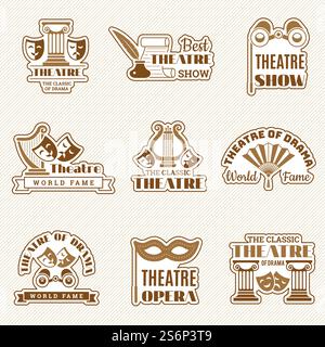 Logo Théâtre. Cinéma divertissement spectacle éléments théâtre badges drame et comédie masque récent ensemble vectoriel. Emblème de spectacle de théâtre d'illustration, performance de studio d'art. Logo Théâtre. Cinéma divertissement spectacle éléments théâtre badges drame et comédie masque récent ensemble vectoriel Illustration de Vecteur