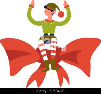 Célébration et salutations de Noël et du nouvel an, personnage isolé en costume traditionnel assis sur un arc en ruban. Elfe ou nain en chapeau et chaussettes rayées, assistant santa Helper. Vecteur dans le style plat. Personnage de garçon Elf assis sur le grand vecteur d'arc de ruban Illustration de Vecteur