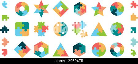 Puzzle. Pièces de puzzle diverses formes géométriques rondes et carrées collection vectorielle de pièces de puzzle. Illustration Jigsaw jeu de puzzle, concept de travail d'équipe. Puzzle. Pièces de puzzle diverses formes géométriques rondes et carrées collection vectorielle de pièces de puzzle Illustration de Vecteur