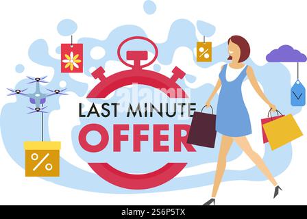 Réductions et ventes dans les magasins, femme shopping se dépêchant d'acheter des produits à prix réduit. Liquidation et promotion, offre de dernière minute, compte à rebours limité dans le temps. Vecteur dans l'illustration de style plat. Offre de dernière minute, femme magasinant et achetant des trucs Illustration de Vecteur