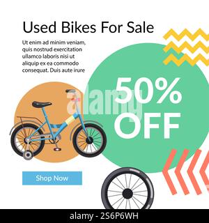 Bicyclette d'occasion et nouveaux modèles de transports dans la boutique en ligne. Boutique avec des vélos d'occasion à vendre, 50 de rabais sur le prix, réduction du coût. Site Web ou modèle de page Web, page de destination, vecteur dans le style plat. Vélos d'occasion à vendre, 50% de rabais sur le prix en magasin Illustration de Vecteur