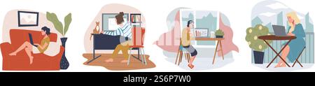 Personnes travaillant à domicile, à distance ou à distance. Homme et femme avec ordinateur portable et ordinateur personnel, freelances au travail ou au bureau. Employé utilisant des technologies et des appareils. Vecteur dans le style plat. Travailler sur ordinateur à domicile, travailleurs distants Illustration de Vecteur