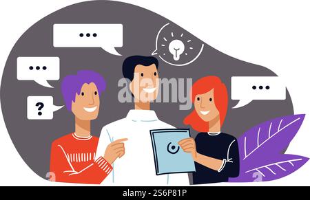 Personnes travaillant sur l'amélioration et le succès, l'équipe communiquant et montrant des résultats. Homme et femme avec remarques et questions. Conférence ou réunion de collègues. Vecteur dans l'illustration de style plat. Communication d'entreprise et succès de l'équipe de bureau Illustration de Vecteur