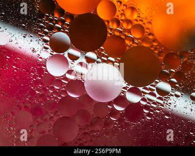 Image aux couleurs vives et texturées montrant des gouttelettes d'huile arrondies suspendues dans un liquide sur un fond éclatant, parfait pour les arrière-plans ou les dessins Banque D'Images