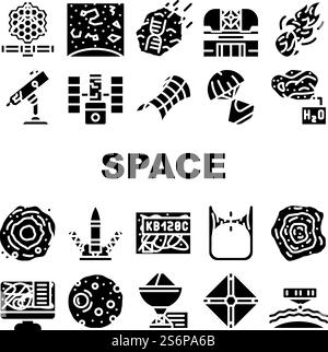 Vecteur défini par icônes d'équipement de recherche spatiale. Outil télescope Hubble et Planétarium virtuel, fusée de lancement et capsule spatiale, analyse spectrale des étoiles planètes pictogrammes de glyphes illustrations noires. Vecteur défini par icônes d'équipement de recherche spatiale Illustration de Vecteur