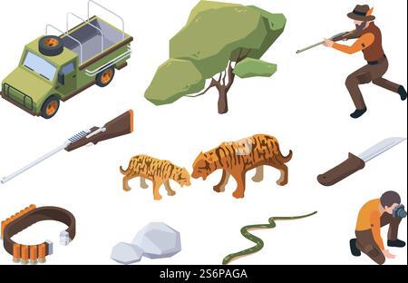 Safari touristique. Chasse sauvage africaine pour les animaux aventure tribale natur sable jarish vecteur safari isométrique. Illustration safari sauvage, tourisme d'aventure de savane. Safari touristique. Chasse sauvage africaine pour les animaux aventure tribale natur sable jarish vecteur safari isométrique Illustration de Vecteur