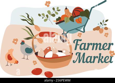 Vendre des légumes mûrs et de la volaille sur le marché fermier. Oeufs dans le panier et légumes dans la brouette. Citrouille et courgettes, tomate et pomme de terre. Acheter des ingrédients biologiques nourriture. Vecteur dans le style plat. Marché fermier, vendant des œufs et des légumes mûrs Illustration de Vecteur