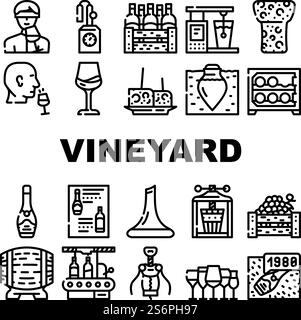 Vignes production d'alcool boisson Icons Set Vector. Verres à vin avec boisson au goût différent, réfrigérateur et baril en bois, outil de liège et de tire-bouchon, illustrations de contour de fabrication de vignoble. Vignes production d'alcool boisson Icons Set Vector Illustration de Vecteur