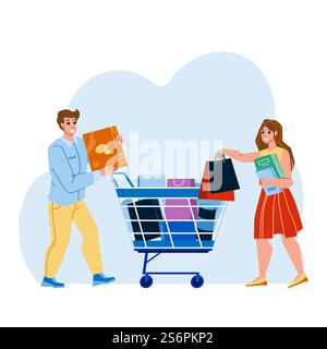 Shoppers couple Goods Ajouter au panier dans le vecteur de marché. Homme et femme Ajouter au panier sacs de supermarché. Personnages garçon et fille shopaholic faisant des achats dans Shop Flat Cartoon illustration. Shoppers couple Goods Ajouter au panier dans le vecteur de marché Illustration de Vecteur