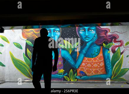 Femmes bleues, graffiti de l'artiste de rue péruvien Bronik, art de rue dans le passage souterrain Baratashvili, Tbilissi, Géorgie Banque D'Images