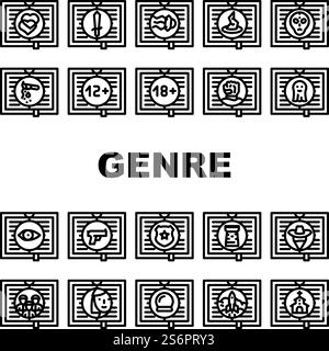 Genre littéraire catégories classes icônes définir vecteur. Fantaisie et Science Fiction, action aventure et paranormal, crime et magie littéraire genre Black contour illustrations. Genre littéraire catégories classes icônes définir vecteur Illustration de Vecteur