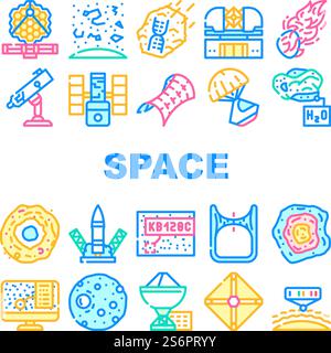 Vecteur défini par icônes d'équipement de recherche spatiale. Outil télescope Hubble et planétarium virtuel, fusée de lancement et capsule spatiale, analyse spectrale de la ligne des étoiles et des planètes. Illustrations en couleur. Vecteur défini par icônes d'équipement de recherche spatiale Illustration de Vecteur