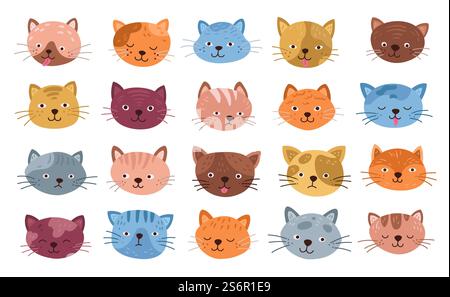 Des visages drôles de chats. Tête de chat isolée, sourires de dessin animé de chaton mignon. Flat petits animaux emoji expressif, émotions heureuses des animaux ensemble exact de vecteur. Illustration chaton animal de compagnie, tête mignonne d'animal. Des visages drôles de chats. Tête de chat isolée, sourires de dessin animé de chaton mignon. Flat petits animaux emoji expressif, émotions heureuses des animaux ensemble exact de vecteur Illustration de Vecteur