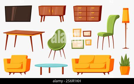 Mobilier de dessin animé. Meubles de chambre, éléments de salon intérieur. Décor isolé à la maison, chaises de table de canapé moderne et lampe vecteur récent. Dessin animé intérieur de meubles d'illustration, chaise et table. Mobilier de dessin animé. Meubles de chambre, éléments de salon intérieur. Décor isolé à la maison, chaises de table de canapé moderne et lampe collection récente de vecteur Illustration de Vecteur