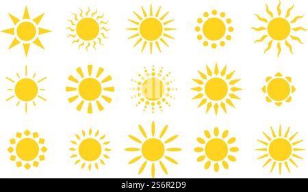 Icônes jaunes du soleil. Rayons du soleil, éléments de temps ensoleillés plats. Chaleur estivale, lever de soleil abstrait isolé ou ensemble de symboles vectoriels lumineux du matin. Illustration temps ensoleillé matin, lumière chaude jaune du soleil. Icônes jaunes du soleil. Rayons du soleil, éléments de temps ensoleillés plats. Chaleur estivale, lever de soleil abstrait isolé ou ensemble de symboles vectoriels lumineux du matin Illustration de Vecteur