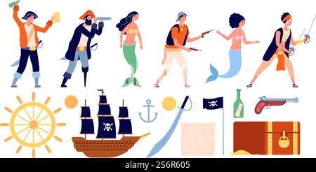 Pirates et sirènes. Sirène mignonne, équipage de bateau de bande dessinée pirate. Carte au trésor, coffre de voilier isolé et éléments vectoriels protubérants marins. Illustration capitaine pirate personnage, sirène et voilier. Pirates et sirènes. Sirène mignonne, équipage de bateau de bande dessinée pirate. Carte au trésor, coffre de voilier isolé et éléments vectoriels plats marins enfants Illustration de Vecteur