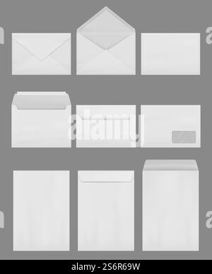 Maquette d'enveloppe. Enveloppes d'affaires vides vierges pour a4 bureau de correspondance décent vecteur collection de modèles réalistes isolés. Illustration enveloppe correspondance, papier plié avant pour le message. Maquette d'enveloppe. Enveloppes élégantes vides d'affaires vierges pour a4 bureau de correspondance décent vecteur collection de modèles réalistes isolés Illustration de Vecteur