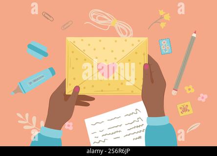 Écriture de lettre de dessin animé. Préparer à la main des lettres, des éléments graphiques postaux. Enveloppe de couleur, écrire un message sur papier. Vecteur exact de post-croisement. Lettre message, courrier postal illustration de correspondance. Écriture de lettre de dessin animé. Préparer à la main des lettres, des éléments graphiques postaux. Enveloppe de couleur, écrire un message sur papier. Concept de vecteur exact de post-croisement Illustration de Vecteur