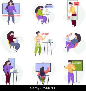 E apprentissage des caractères. Services éducatifs en ligne enseignants leçons et tutoriels pour les étudiants sur ordinateur portable Tablet pc et smartphones vecteur. Ordinateur de formation pédagogique, illustration de la distance du cours. E apprentissage des caractères. Les enseignants de services d'éducation en ligne font des leçons et des tutoriels pour les étudiants sur ordinateur portable tablette pc et smartphones images vectorielles jarret Illustration de Vecteur