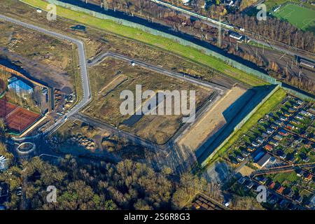 Luftbild, Baustelle für geplantes Duisburger Wohnquartier am ehemaligen Rangierbahnhof Wedau, an der Sechs-Seen-Platte, Wedau, Duisburg, Ruhrgebiet, N Banque D'Images